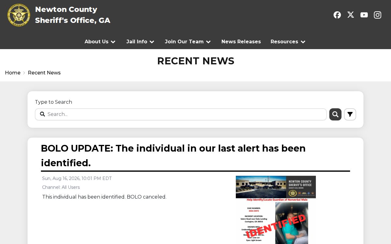 Newton County Sheriff's Office official crime-news digest interface