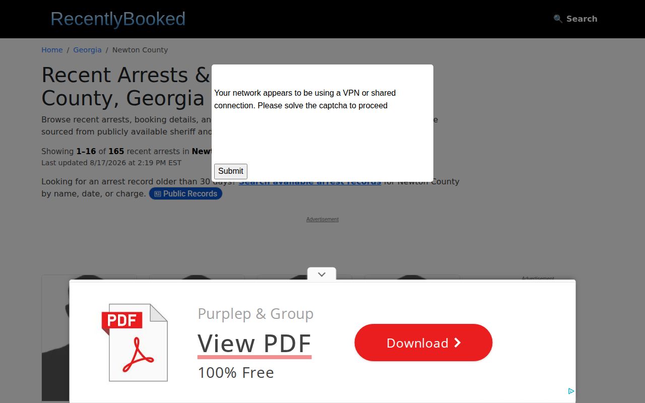 Newton County unofficial booking-results section on RecentlyBooked