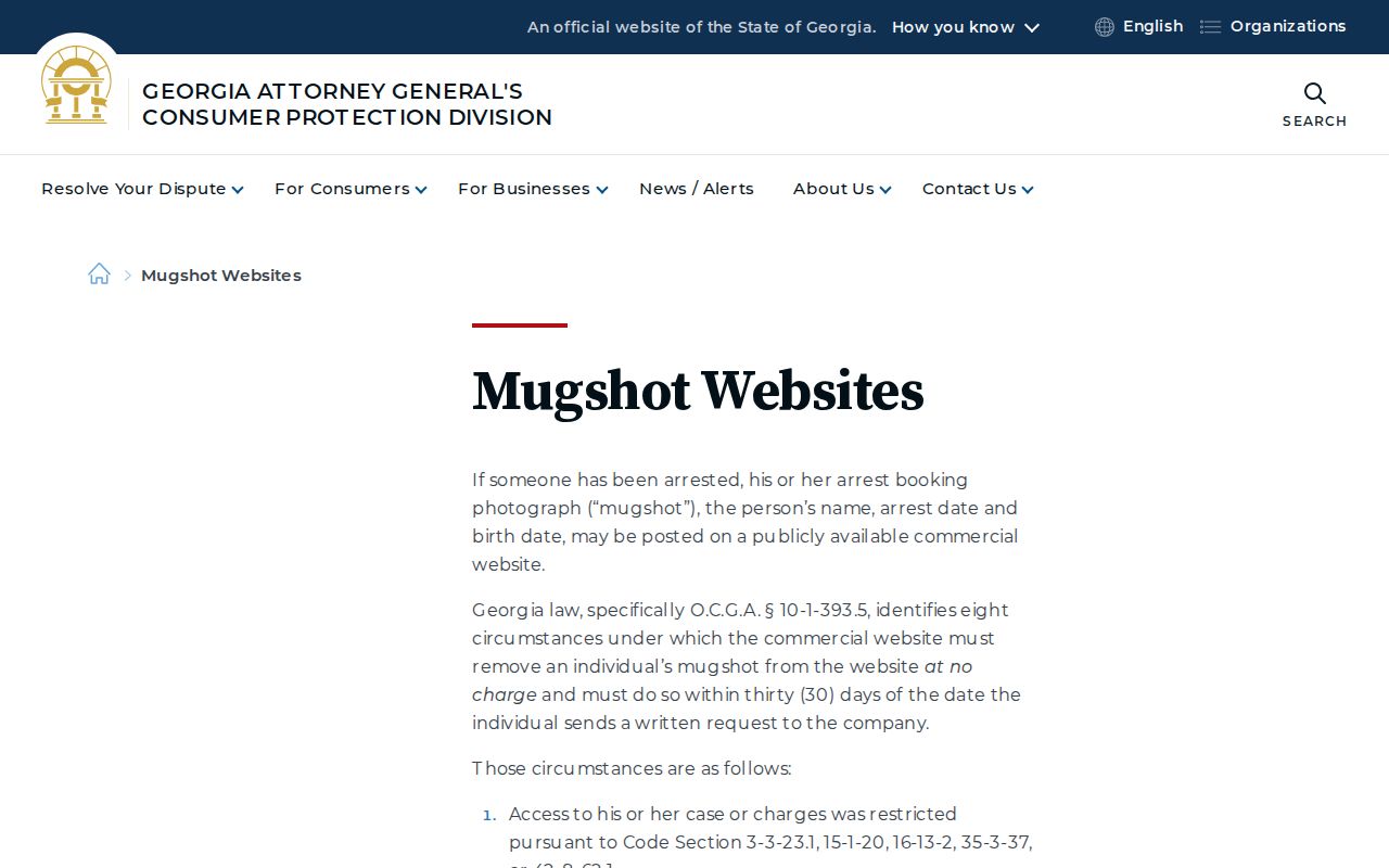 Georgia official guidance on commercial booking photograph websites and removal law