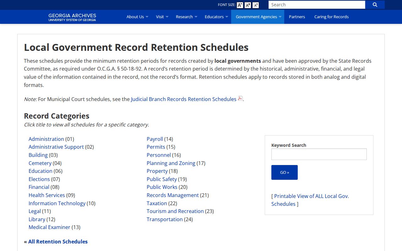 Georgia Archives local government records and retention schedule information