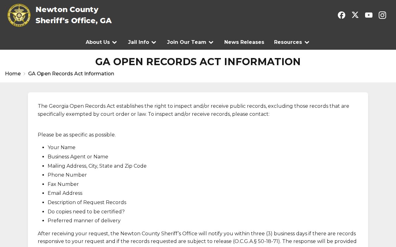 Newton County Sheriff's Office public records information for booking records