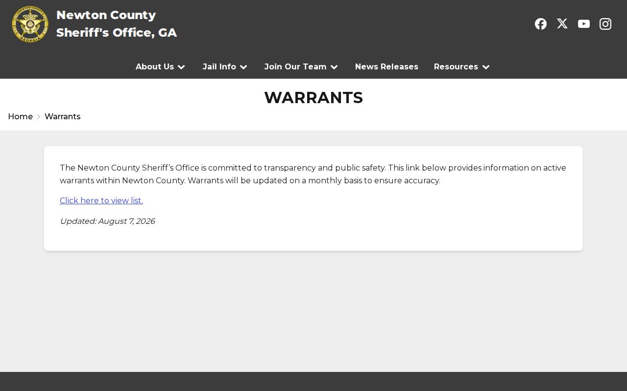 Newton County Sheriff's Office monthly active-warrant doorway